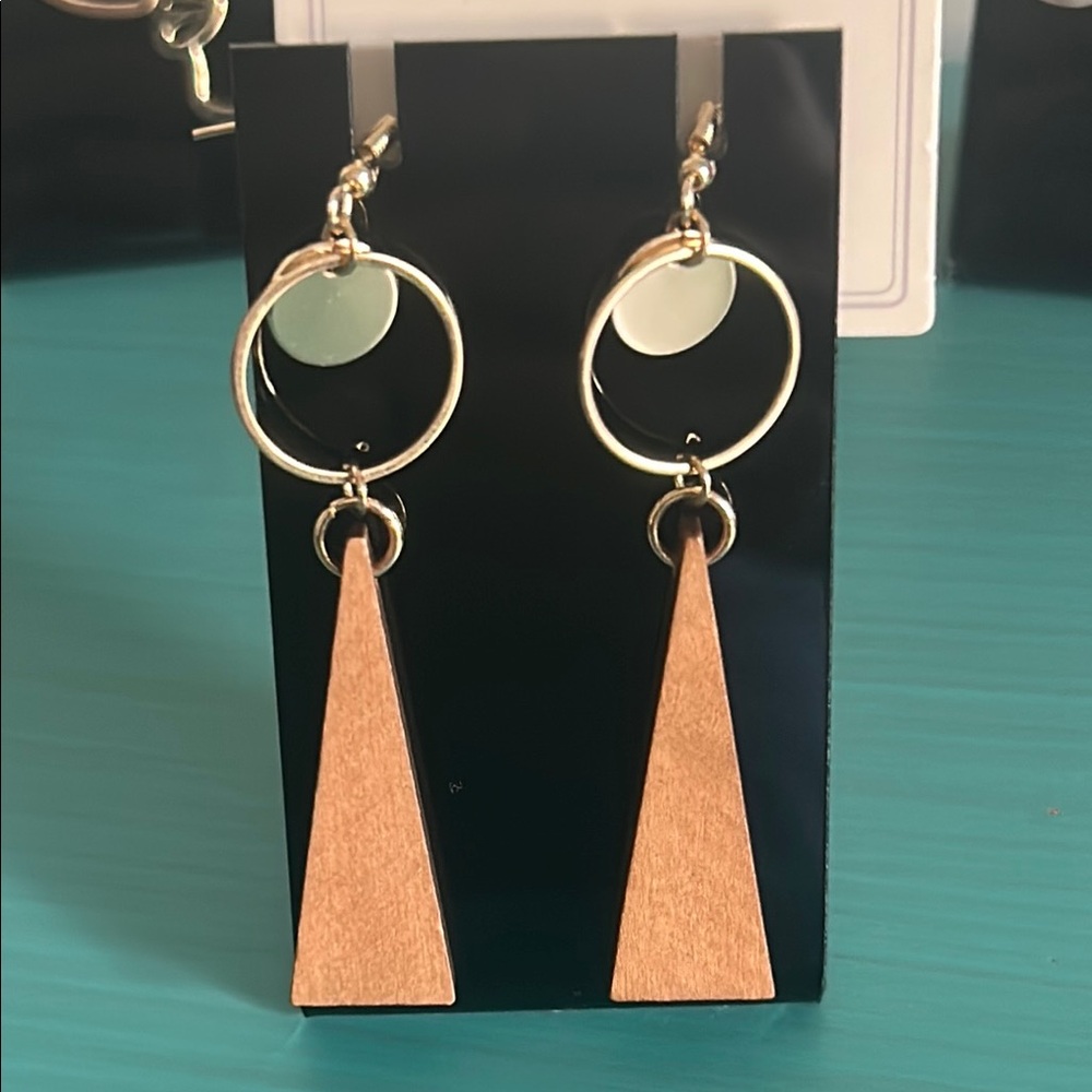New Lot 5 Pais of Gold Wood and Multicolor Art Deco Boho Style Drop Earrings Set - Picture 2 of 12